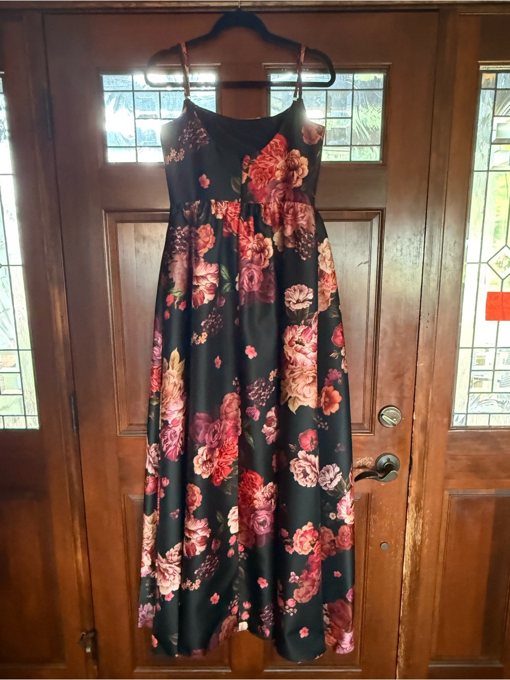 Dessy Collection Black Maxi Dress with Rose and Burgundy Floral Print